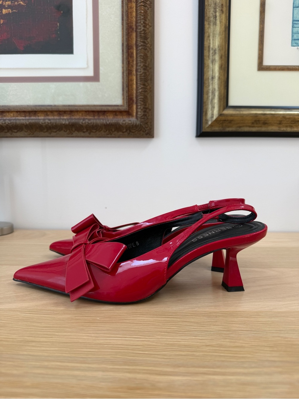 Red Patent Pointed-Toe Slingback Heels with Bow - Picture 3 of 5